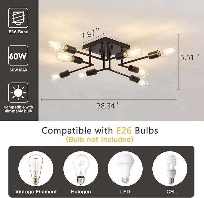 8 Light Black Sputnik Chandelier Semi Flush Mount Modern Ceiling Light Fixture