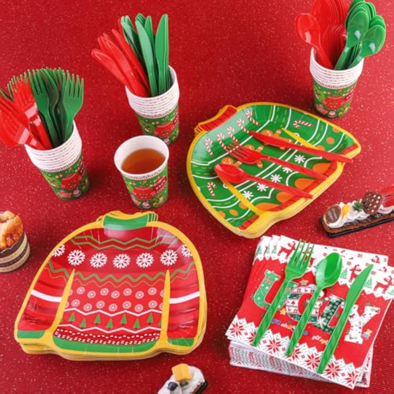 168 Pieces Ugly Sweater Christmas Paper Plates Ugly Sweater Party Decorations Xmas Disposable Dinnerware Set Ugly Party Plates Napkins Cups Cutlery Party Supplies Set, Serves 24 Guests