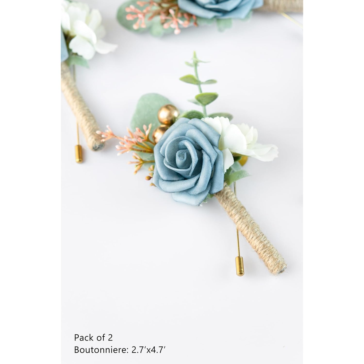 Boutonniere For Men Wedding, Groom Groomsman Artificial Rose Flowers For Wedding Anniversary Celebration,Prom,Party,Home Decoration Set Of 2 (Dusty Blue)