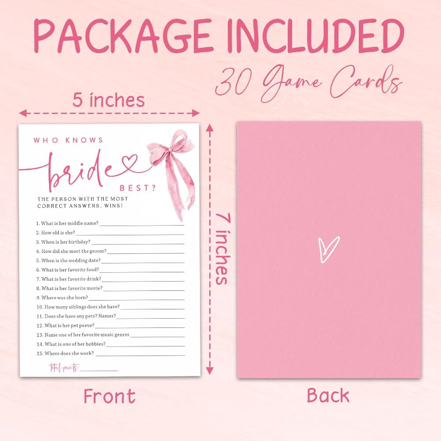 30 Pcs Who Knows Bride Best Blush Bow Game Cards Set, Wedding Engagement Game Cards, Bridal Shower Double-Sided Fill In Style Game Cards For Newlyweds, Party Game & Activities - B06