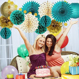 Teal Blue and Gold Party Decoration Tissue Pom Poms Flowers Hanging Paper Fans Lanterns Circle Dot Garland for Teal Gold Wedding Bridal Shower Engagement Women Birthday Turquoise Party Decorations