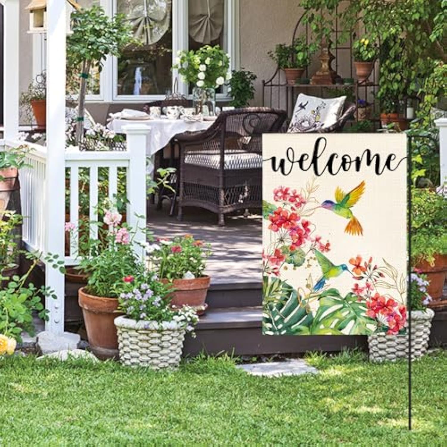 Hummingbird Floral Welcome Garden Flag 12X18 Inch Double Sided Outside, Spring Summer Burlap Small Yard Outdoor Flag