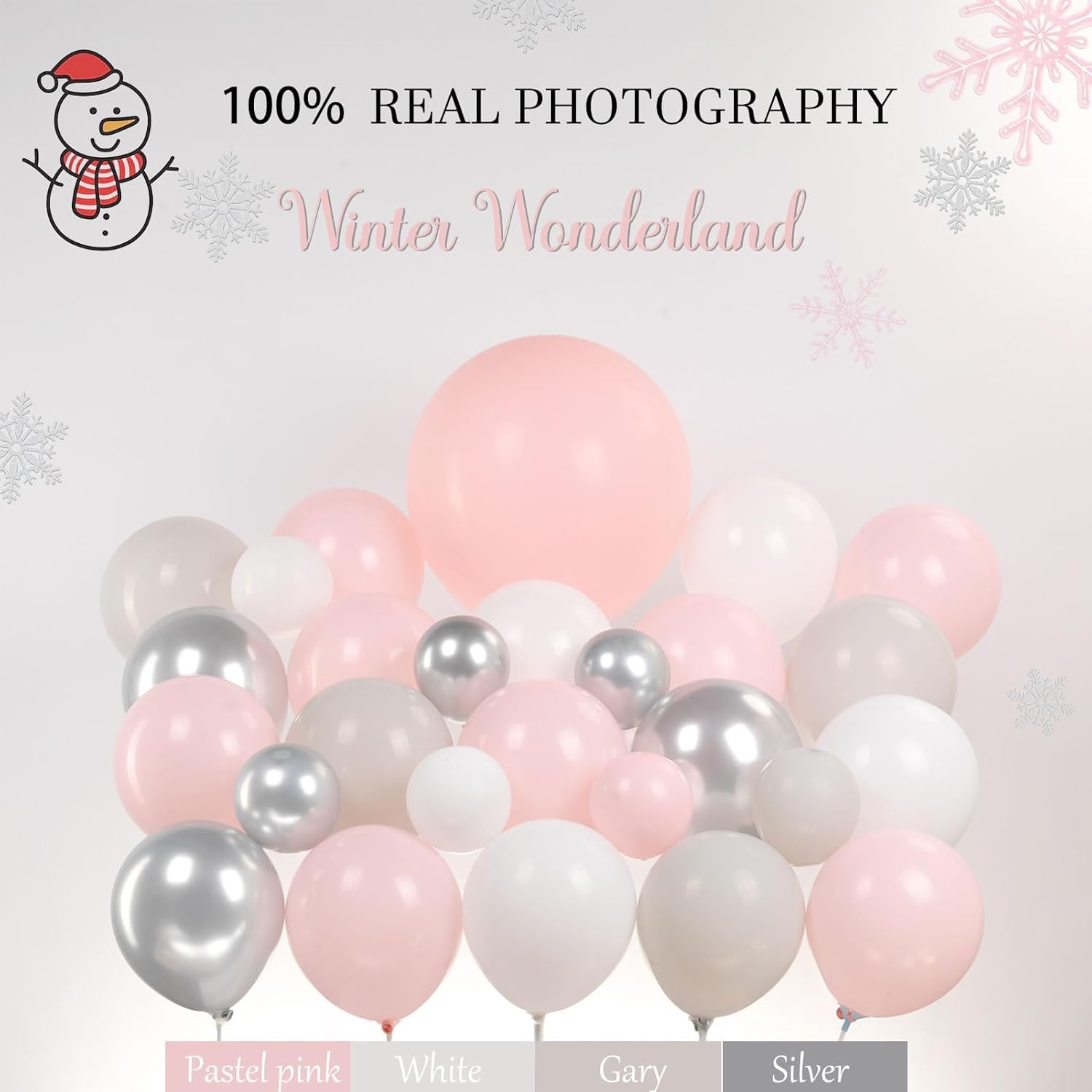 Pastel Pink Winter Balloon Garland Arch Kit 125 Pcs With Light Gray White Silve Snowflakes And Mylar Star Balloons For Winter Birthday Baby Shower 2025 New Year Christmas Anniversary Party Decorations