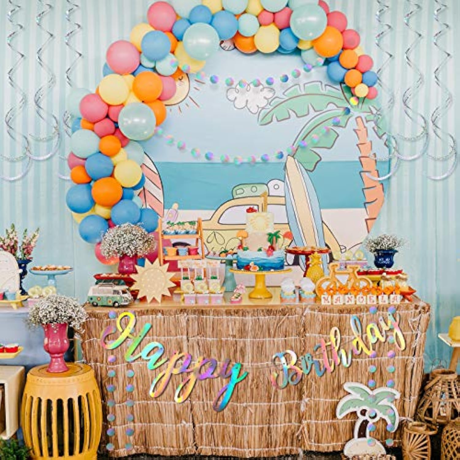 9 Pcs Iridescent Party Decoration Disco Happy Birthday Banner Rainbow Shiny Circle Garlands Holographic Hanging Dots Streamer Backdrop For Pre-Strung Iridescent Party Favor Supplies