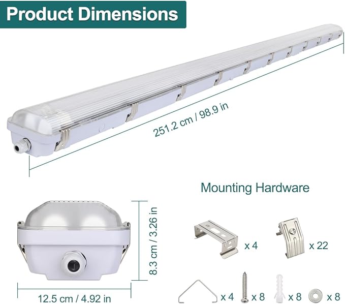 4 Pack 8FT Vapor Tight LED Light Fixtures with T8 Tubes 100W 12500LM 5000K IP65 Surface Mount Lights