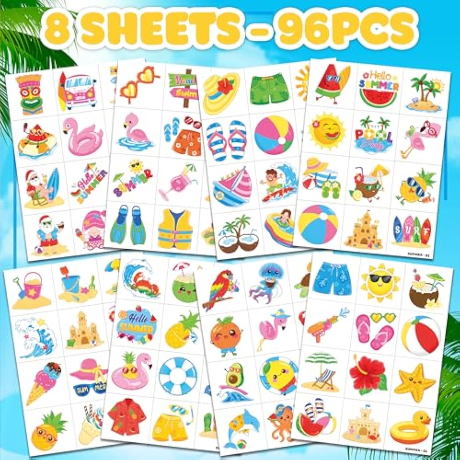 96 Pcs Hello Summer Beach Pool Hawaiian Pre-Cut Temporary Tattoos For Kids | Super Cute Themed Birthday Party Favors, Supplies, Decorations, Fake Tattoo Stickers (Multiple)