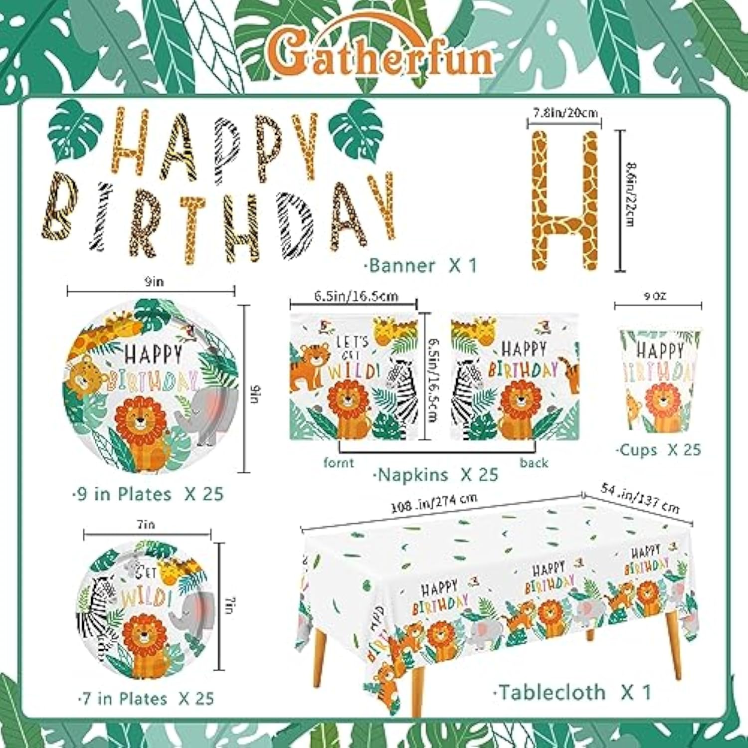 Safari Birthday Party Supplies Jungle Disposable Paper Plates Napkins Cups Tablecloth And Banner For Safari Jungle Theme Birthday Decorations, Serve 25