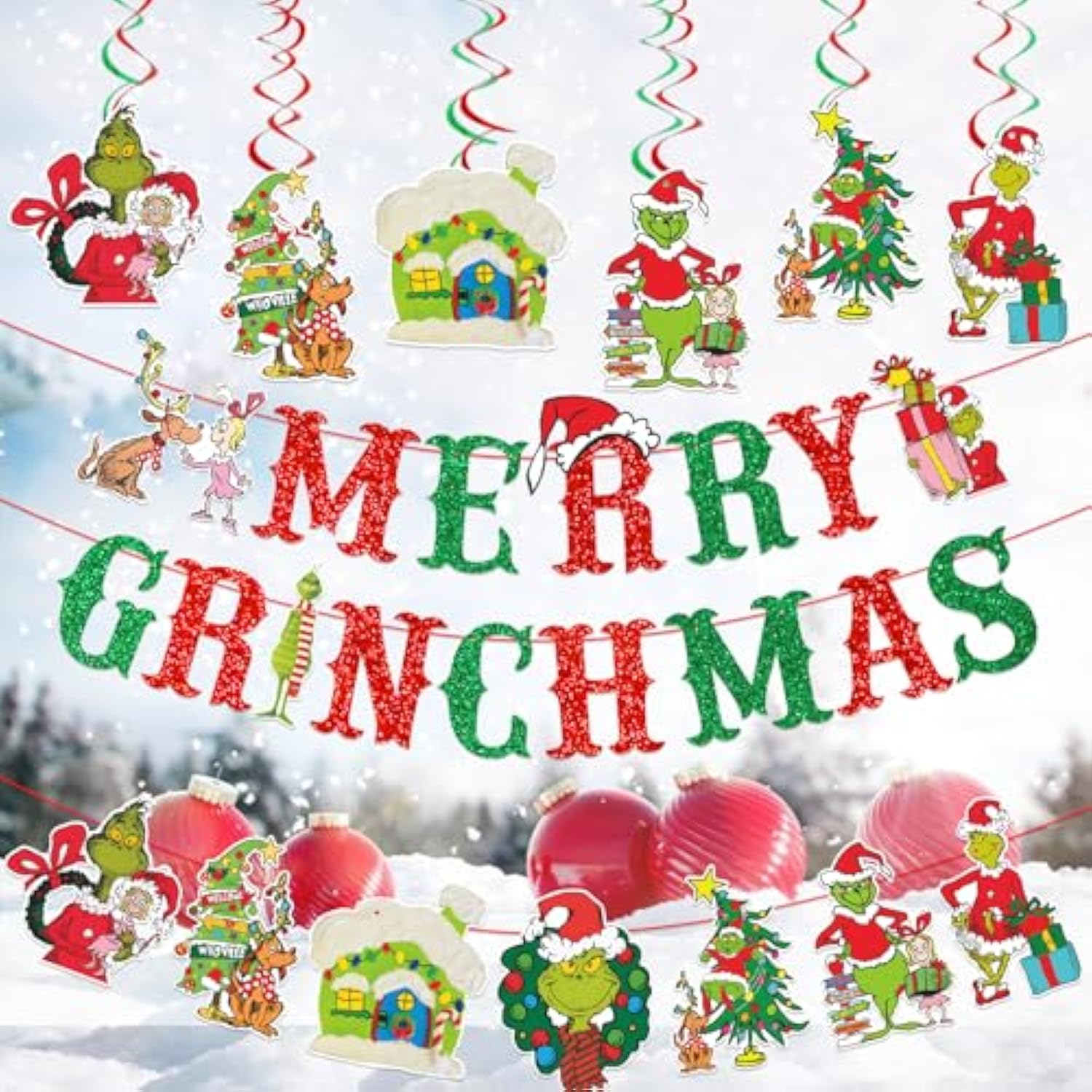 Merry Christmas Banner Cute Red Green Glitter Christmas Banner Sign Whoville Green Elf Winter Holiday Party Decor Fireplace Mantel Photo Props Backdrop