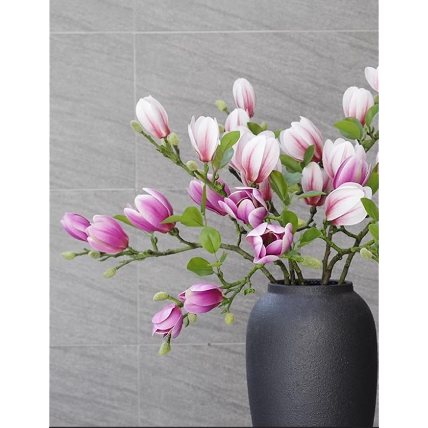 Magnolia Flowers Artificial Branches With Realistic Buds & Leaves - Fake Floral 26.5 Inch Stem For Premium Home Office Hotel Decor Decoration (6, 3Pink+3Purple)