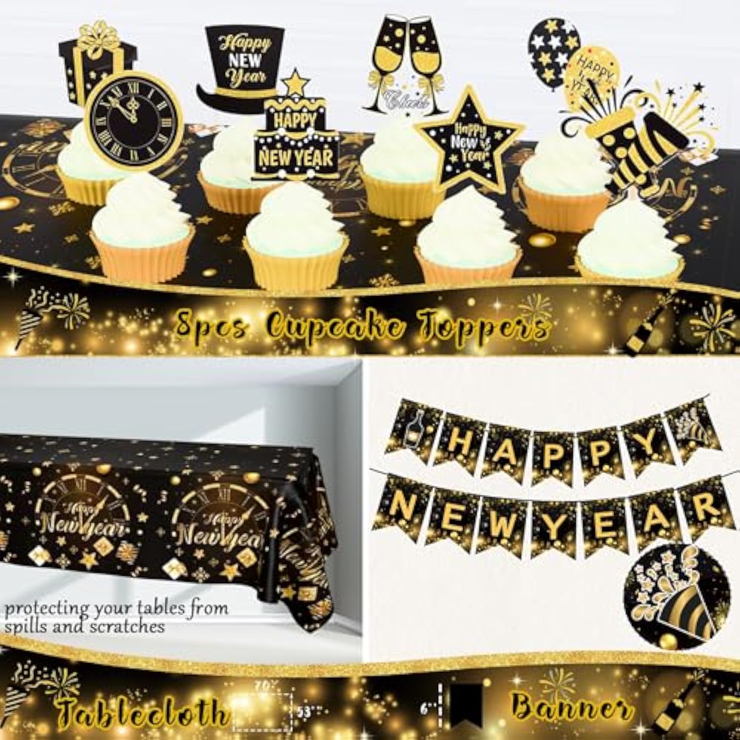 2026 Black Gold New Year Party Kit with Balloon Garland, Banner, Foil Balloons, and Toppers