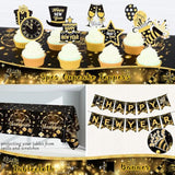 2026 Black Gold New Year Party Kit with Balloon Garland, Banner, Foil Balloons, and Toppers