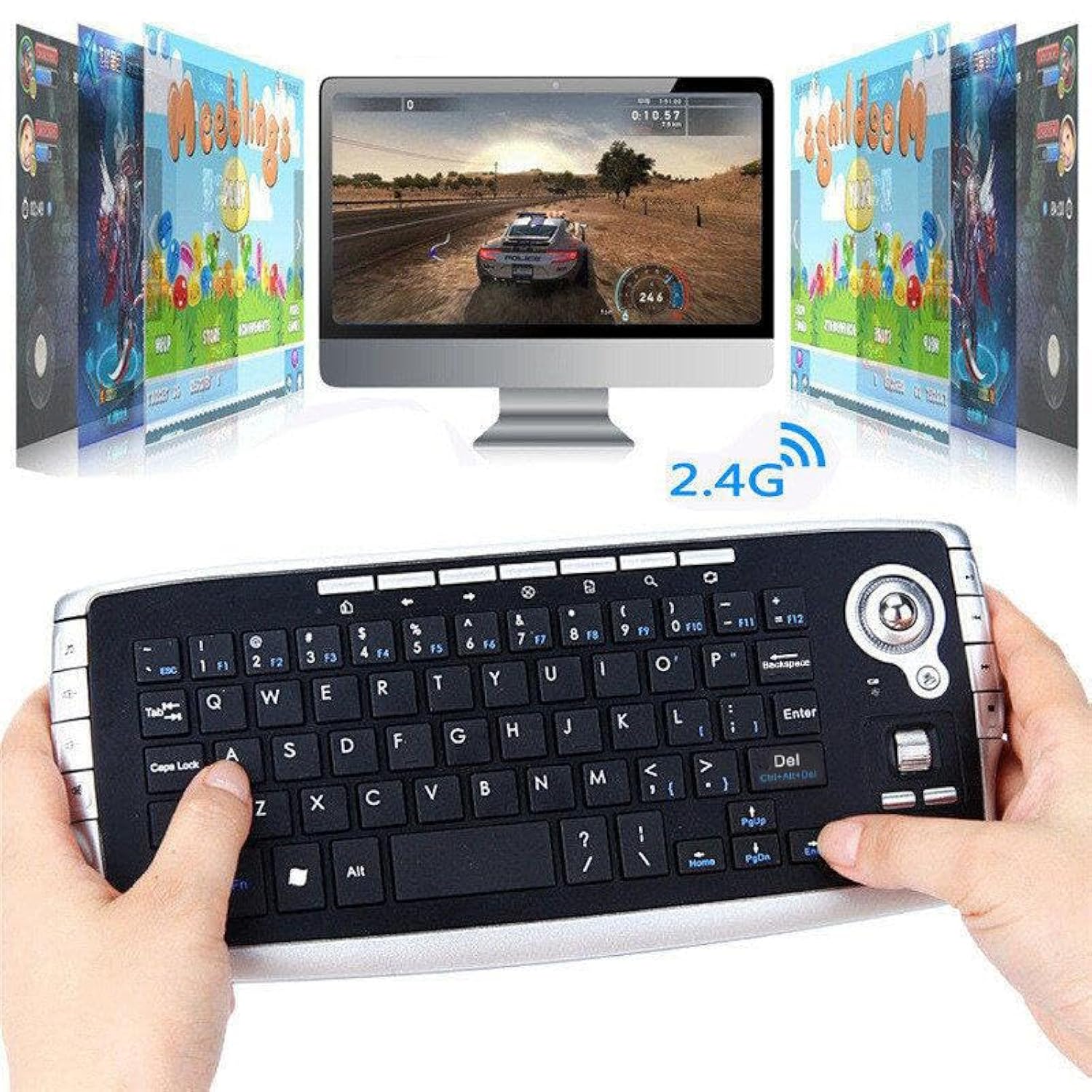 Mini Ergonomic Keyboard Trackball Air Mouse 1200Dpi Function Tv 2.4G Wireless Keyboard With Trackball For Lapotp Pc Tv (Silver)