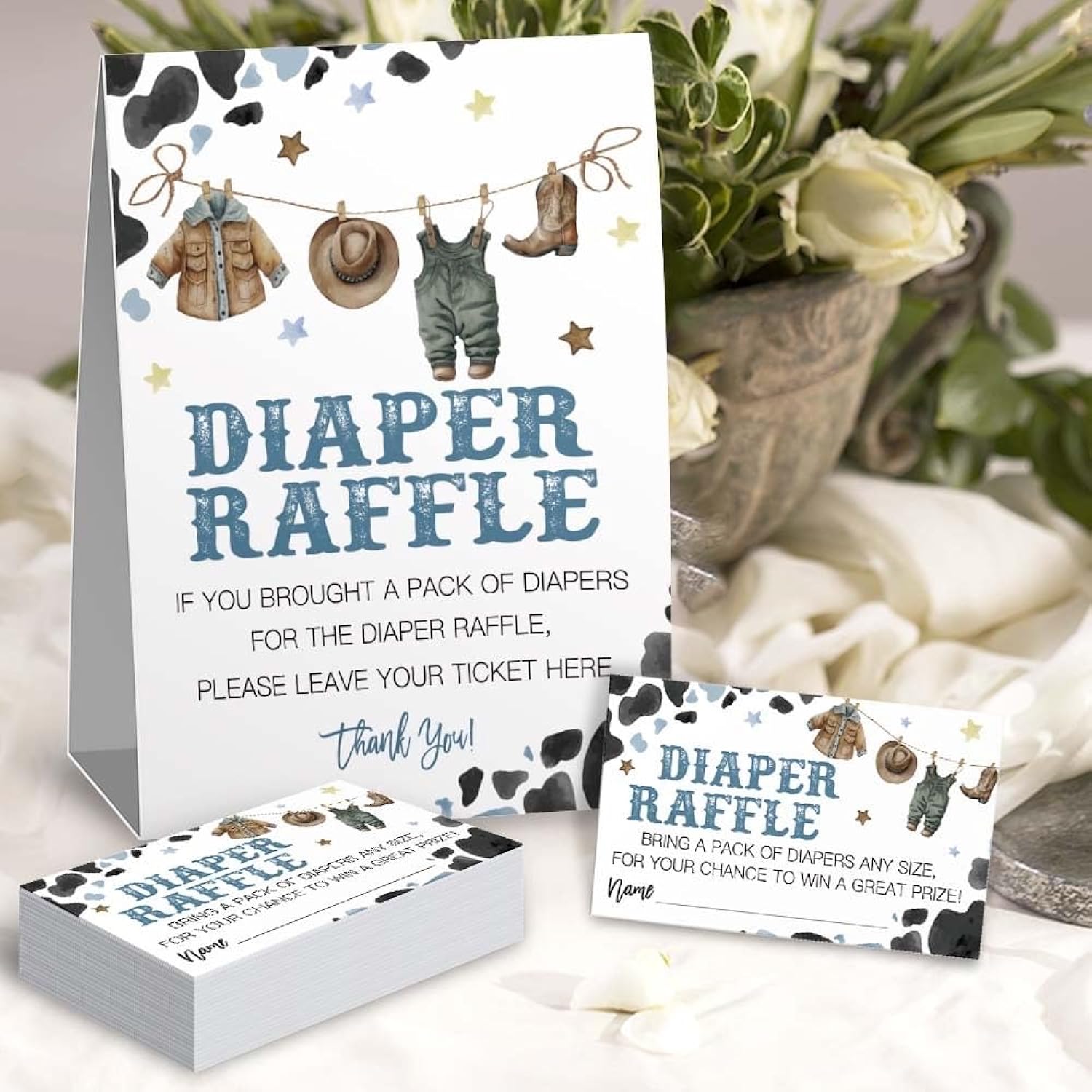 Cowboy Diaper Raffle Tickets For Baby Shower Game, Western Theme Baby Shower Games, (1 Standing Sign & 50 Guessing Cards), A Little Cowboy Is On The Way Boy Diaper Raffle Party Supplies