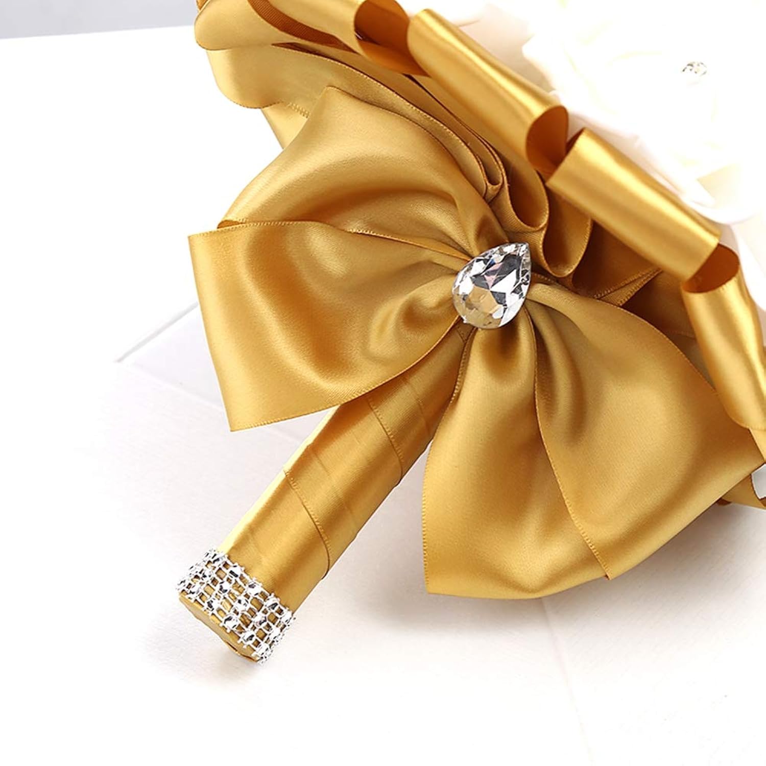 Wedding Bouquet 8 Inches Bridesmaid Toss Bouquet Hand Made Artificial Rose Flowers Diamond Satin Bridal Bouquets For Wedding, Engagement Valentine'S Day Decor (Gold)