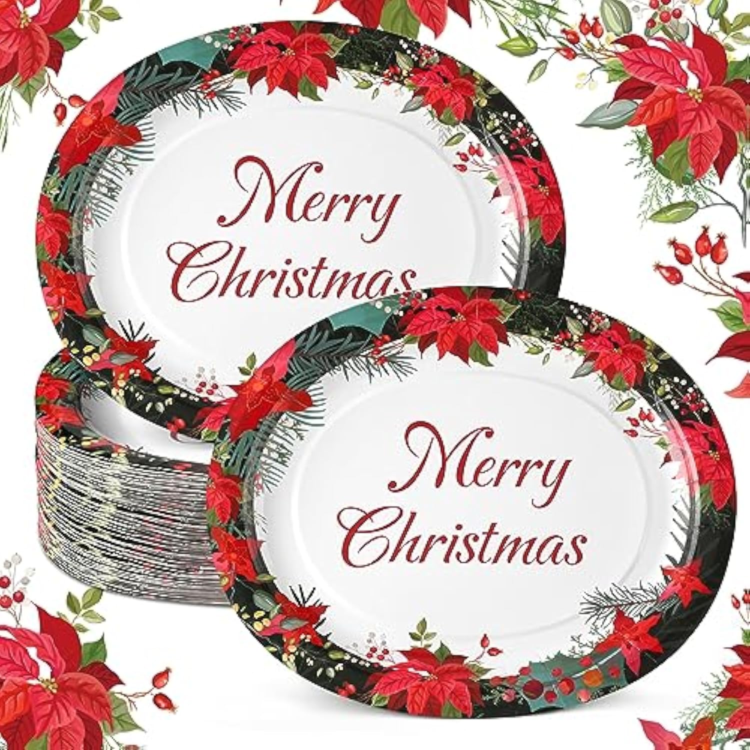 50 Pcs Christmas Paper Plates 10'' X 12'' Oval Disposable Plates Winter Floral Paper Plates Poinsettias Theme Platters For Merry Christmas Supplies Holiday Picnic Dinner Party Tableware
