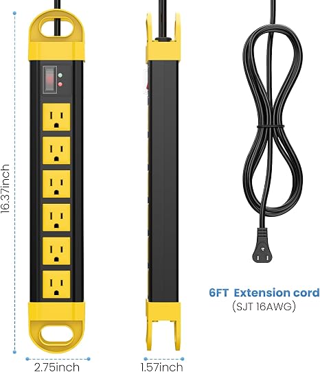 Outdoor Weatherproof Power Strip 6 Outlets 2700J IPX6 Waterproof 10FT Yellow