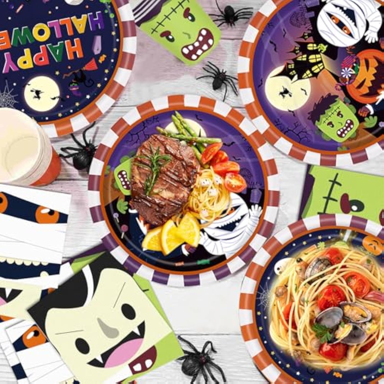 170pcs Halloween Party Decorations Tableware Plates Napkins Cups Cutlery Banner Serves 24