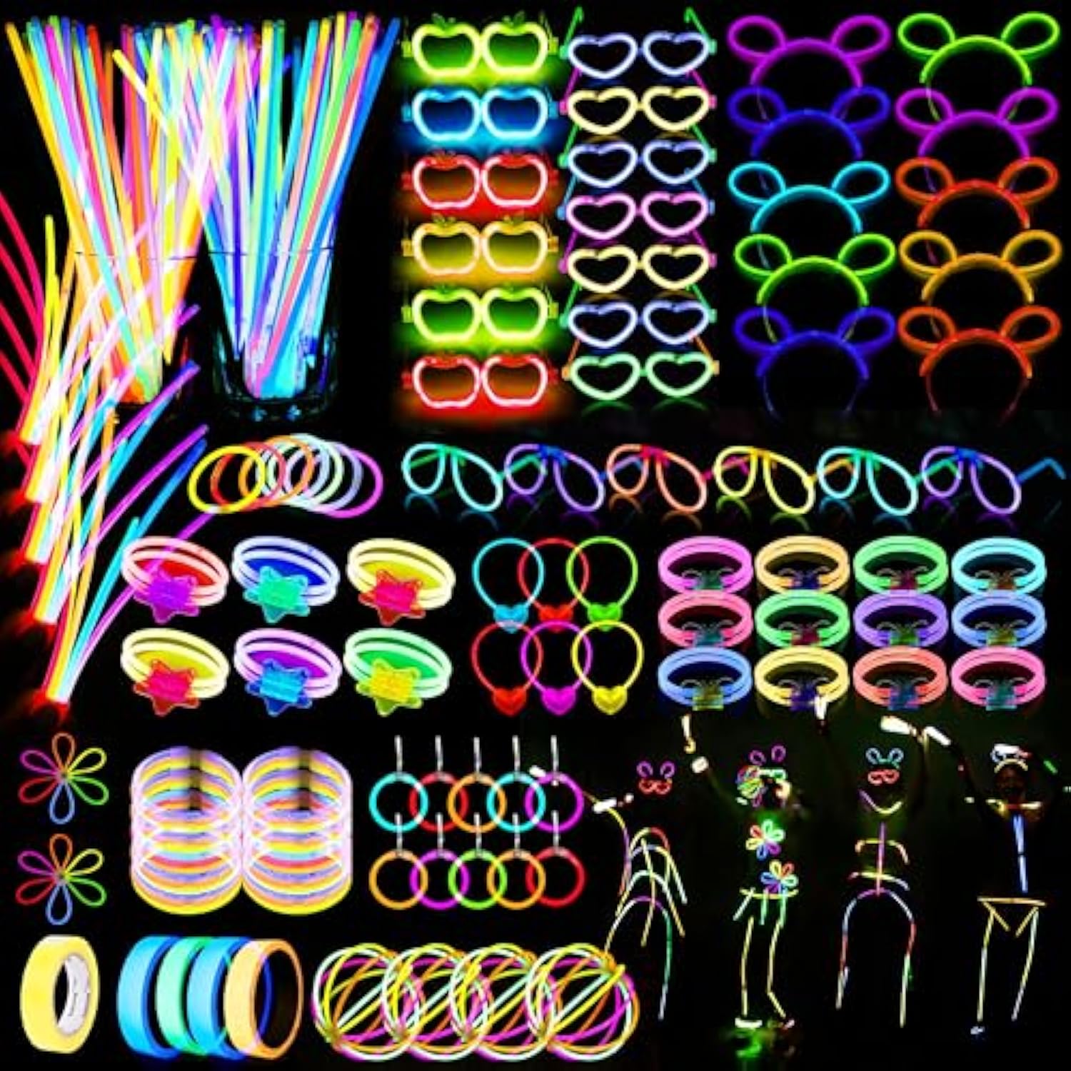 470Psc Glow In The Dark Party Supplies For Kids Adults Birthdays,Light Up Party Favors With?200 Glow Sticks Bulk?Diy Glow Necklaces Glasses Bracelets Headband, Christmas Neon Party Supplies