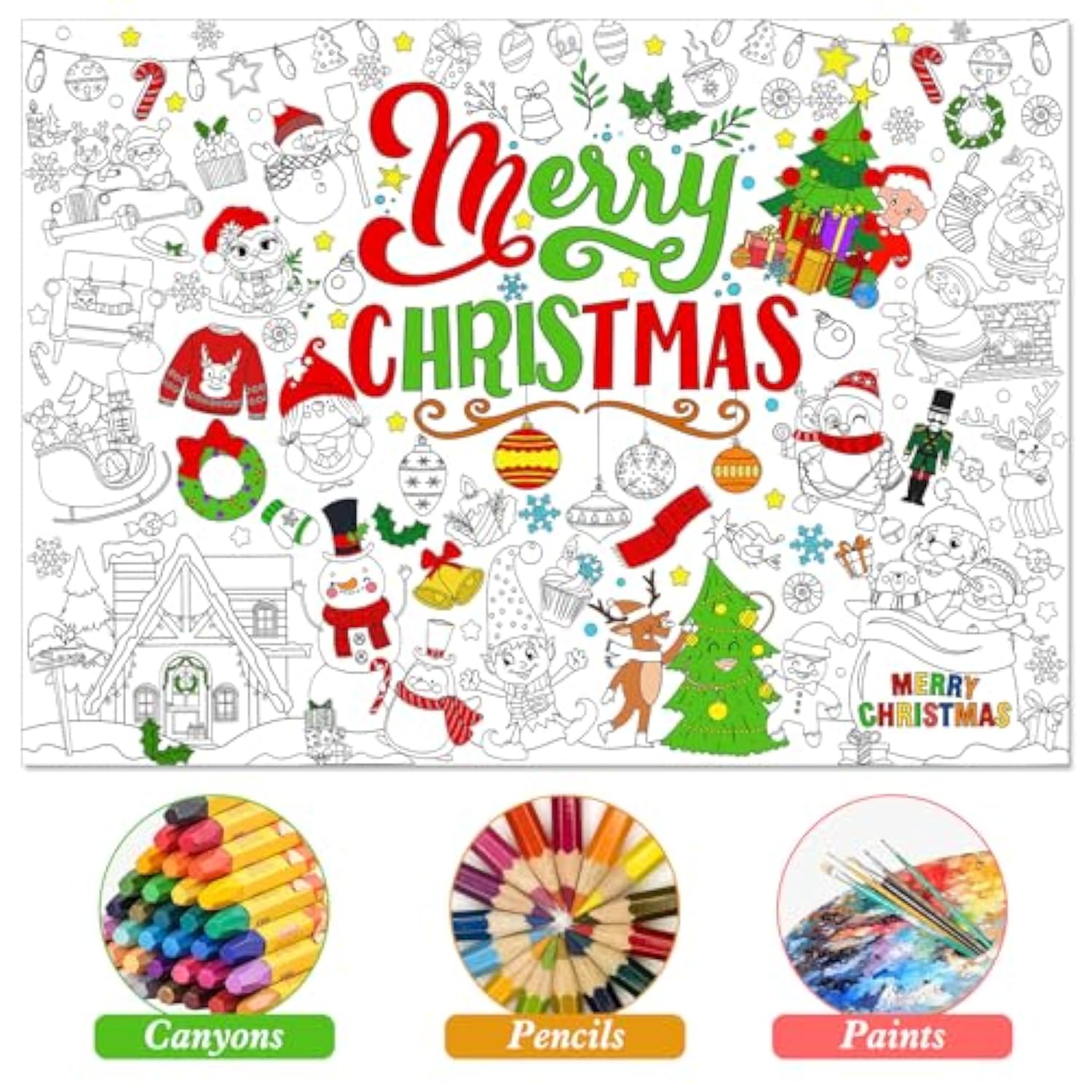 Merry Christmas Coloring Poster With 24 Pcs Paint Pens,Xmas Holiday Jumbo Paper Coloring Banner,Christmas Paper Coloring Tablecloth Christmas Party Favors Kids Holiday Activities