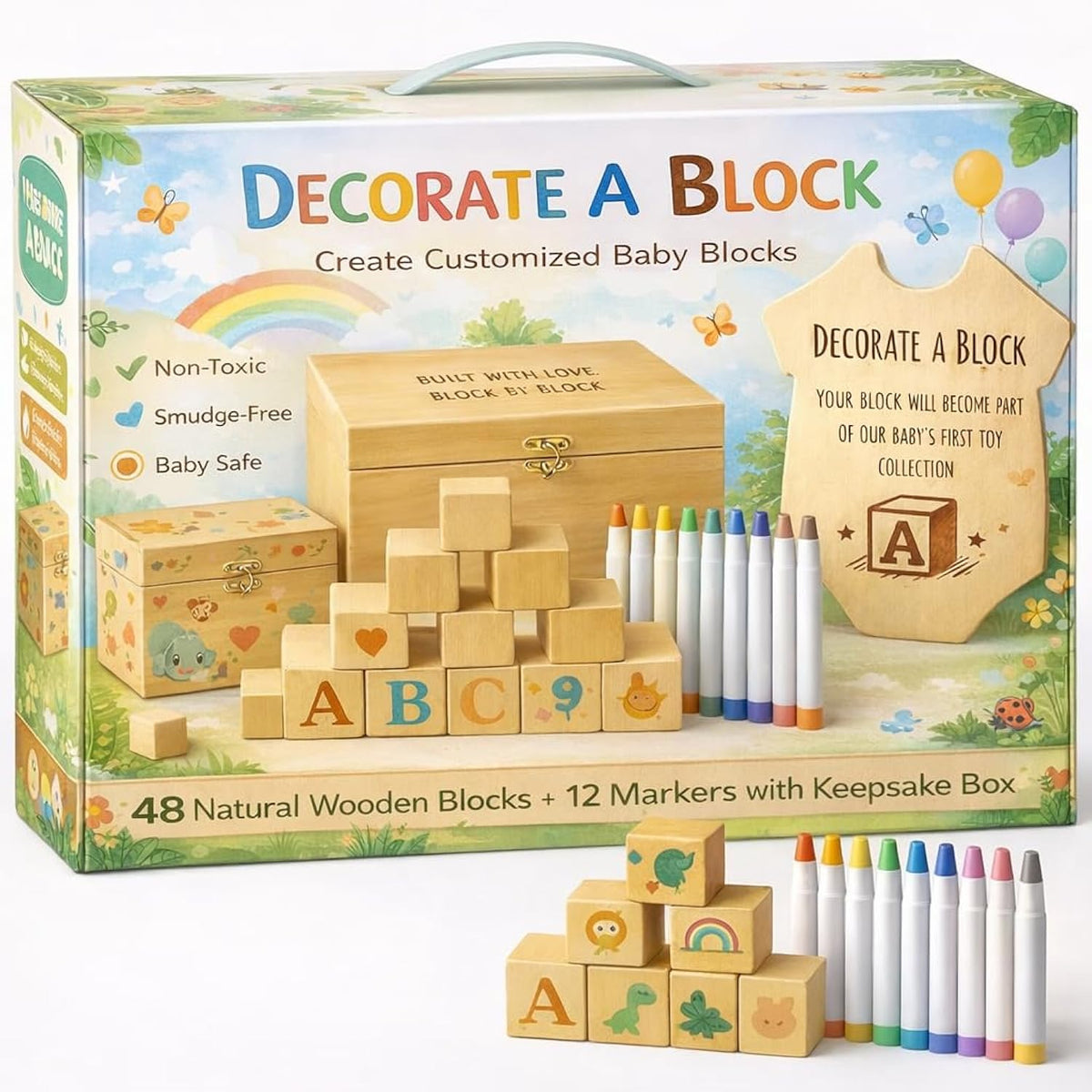 Blocks For Baby Shower – Games & Activity Kit – 48 Natural Wooden Blocks To Decorate, Storage Box, 12 Acrylic Markers & Instruction Sign – Baby Shower Blocks To Decorate