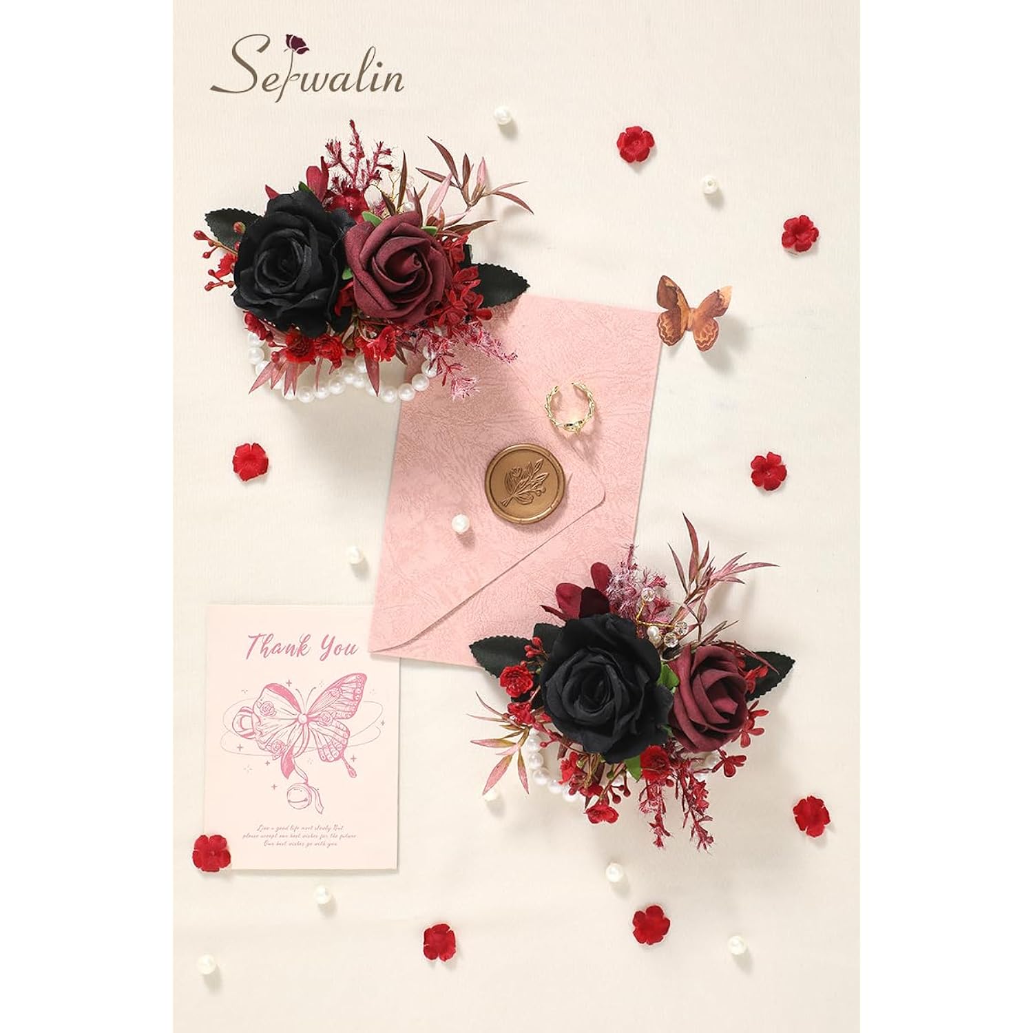 2 Pcs Wrist Corsage, 6-7 Inch Black Burgundy Corsage For Wedding, Bridesmaid Mother Grandmother, Artificial Flowers For Prom Ceremony Anniversary