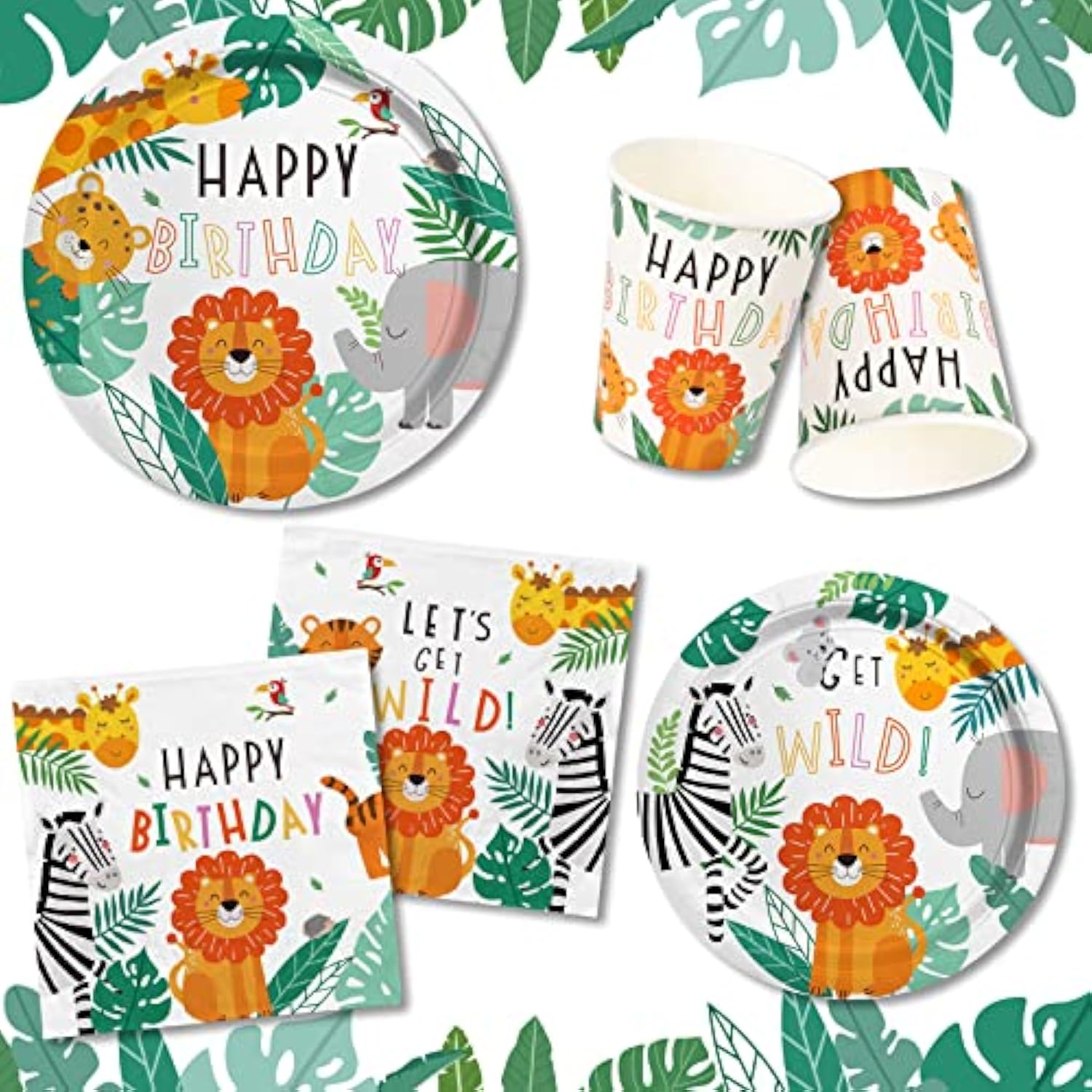 Safari Birthday Party Supplies Jungle Disposable Paper Plates Napkins Cups Tablecloth And Banner For Safari Jungle Theme Birthday Decorations, Serve 25