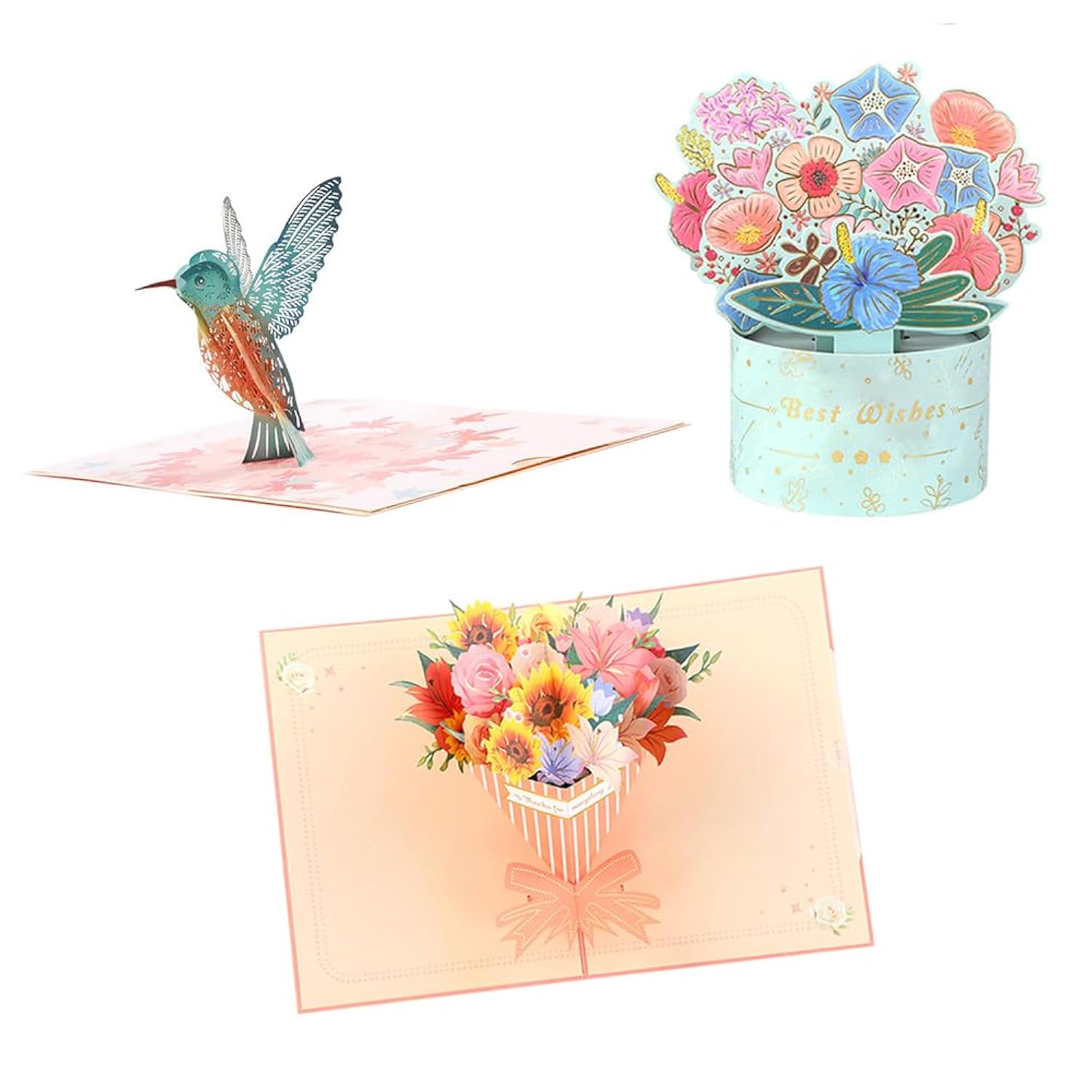 3 Pack 3D Pop Up Cards With Envelopes, Flower Hummingbird Birthday Card 3D Greeting Cards For Mother'S Day, Graduation, Anniversary, Thinking Of You, Get Well, Boy Girl Friends Gift
