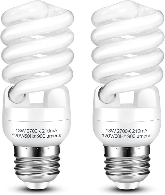 E26 CFL Light Bulbs T2 Spiral 13W 60W Equivalent 2700K Soft White 900 Lumens UL Approved 2 Pack