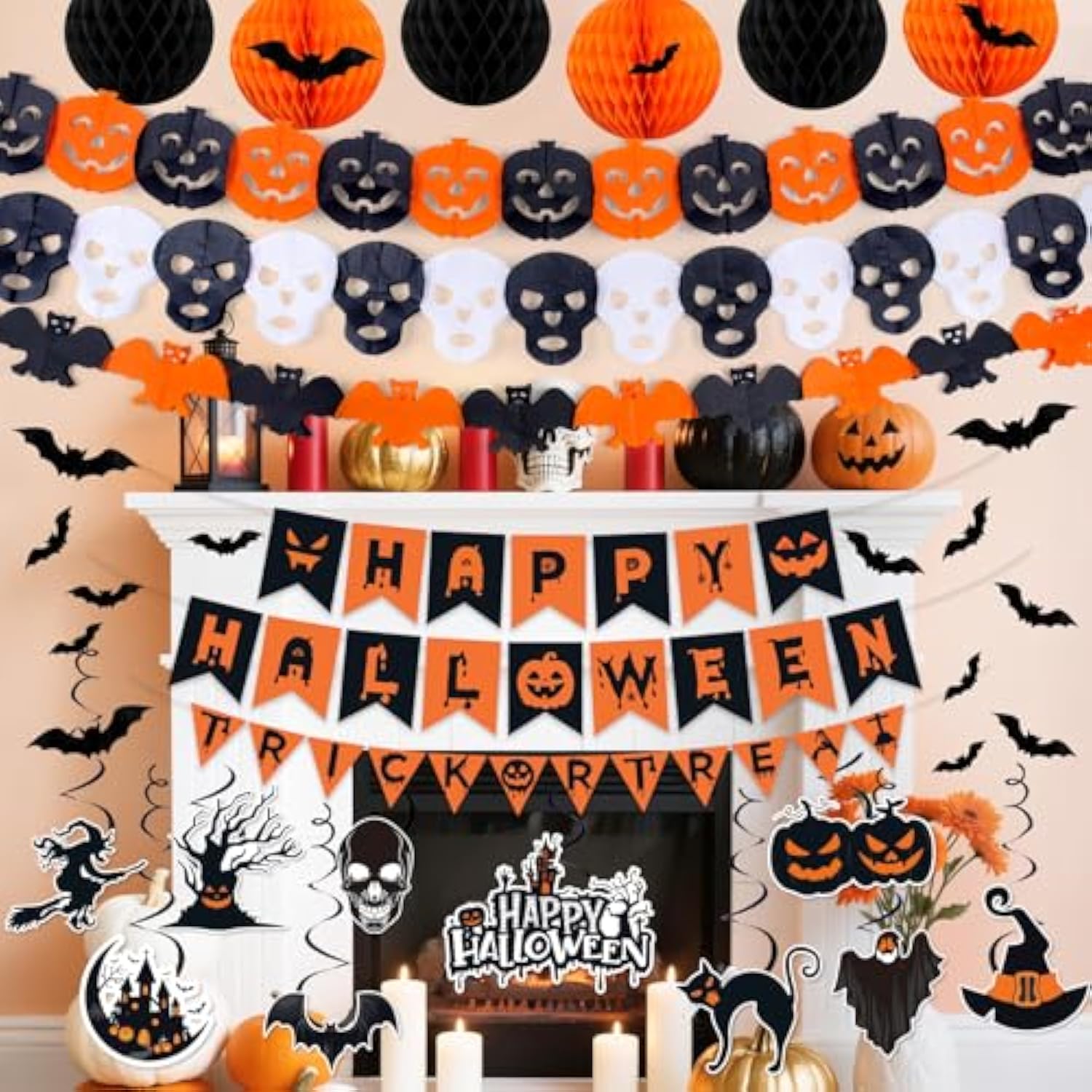 37Pcs Halloween Party Decorations Kit with Banner Pumpkin Bat Ghost Garland Swirls Decor