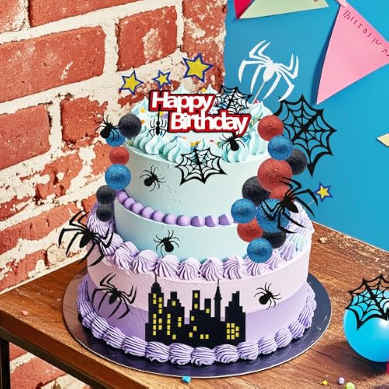 36Pcs Spider Cake Topper Spider Web Cake Decoration Spider Themed Cake Decorations Glitter Red Blue Black Balls City Star Cupcake Topper For Boys Men Birthday Party Baby Shower Supplies