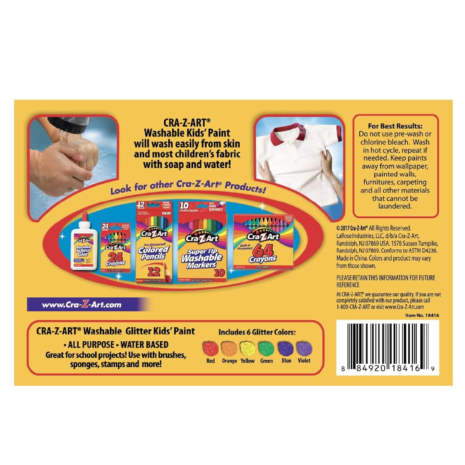 Cra-Z-Art Glitter Washable Kid's Paint 2oz 6 Color Set