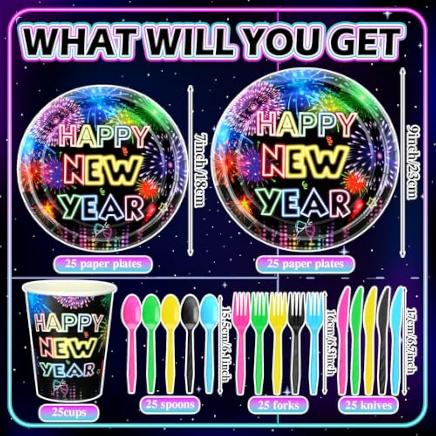 150pcs Neon 2026 New Year Party Plates & Cutlery Set for 25 Guests
