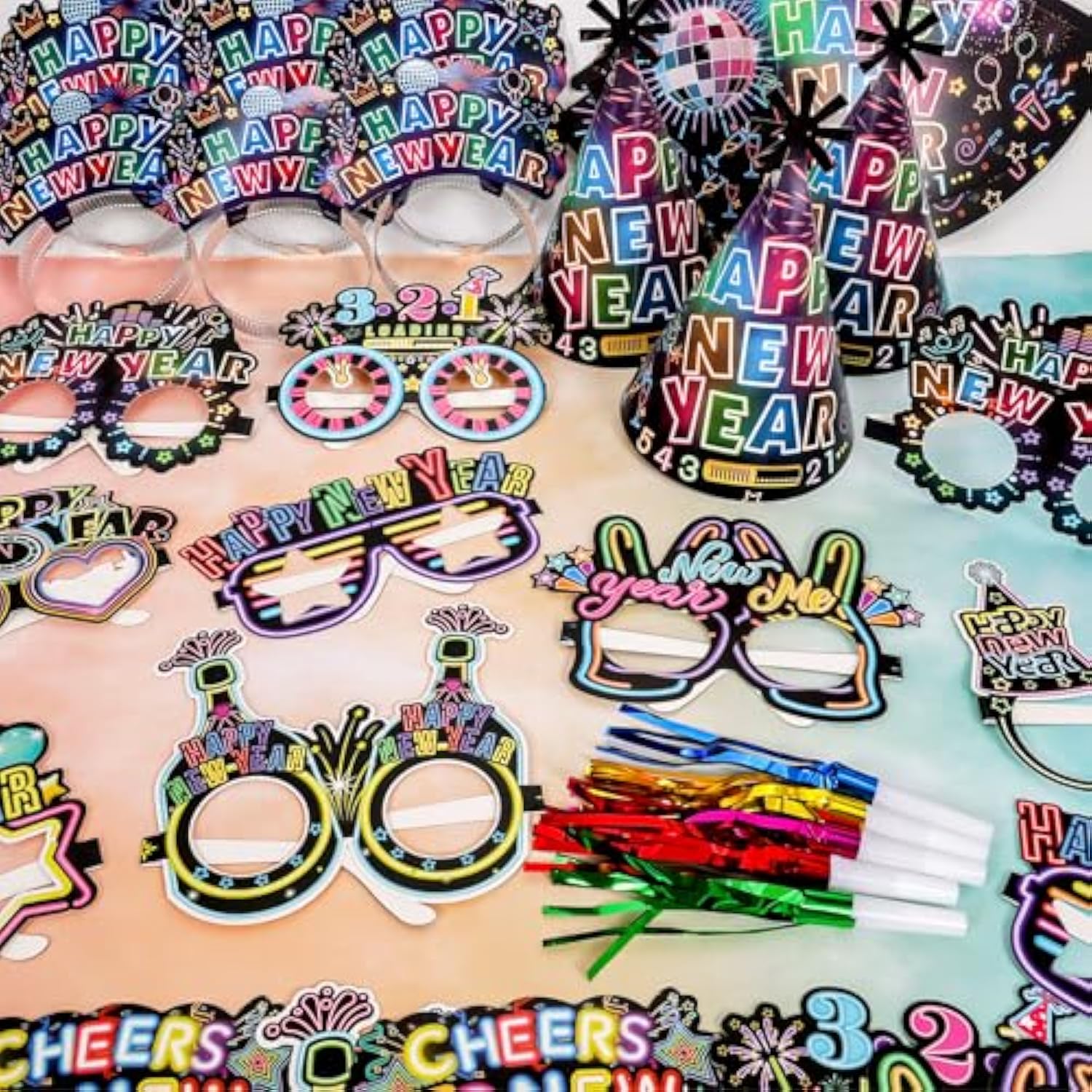 36 Pcs 2026 New Year Party Kit with Glitter Hats, Glasses, Headbands, and Noisemakers