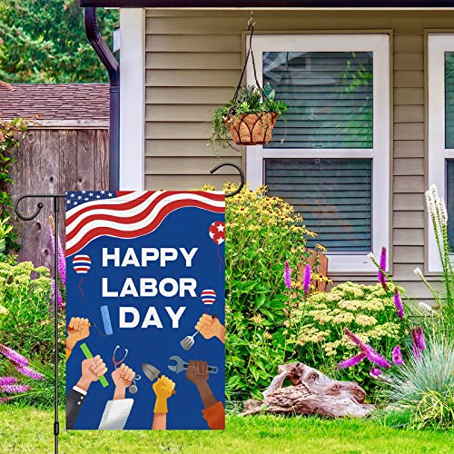 Happy Labor Day Garden Flag Working Tools Patriotic USA Flags 12 x 18 Double Sided Burlap Banner for Outdoor Outside Garden Farmhouse Celebrate Labor Day Decoration (ONLY FLAG)