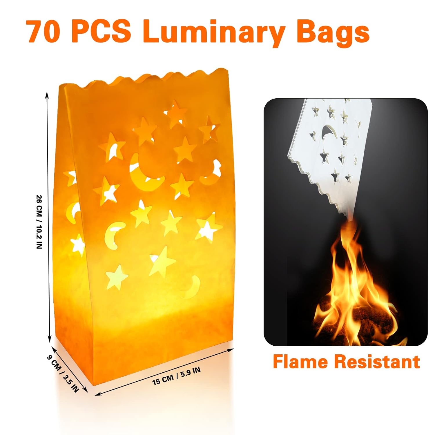 70Pcs White Luminary Candle Bags Stars Moon Cutout Flame Resistant Luminaries Bag Christmas Candle Bags Paper Lantern Bags For Halloween Weddings Birthday Party Thanksgiving Valentine'S Day Decoration