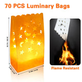 70Pcs White Luminary Candle Bags Stars Moon Cutout Flame Resistant Luminaries Bag Christmas Candle Bags Paper Lantern Bags For Halloween Weddings Birthday Party Thanksgiving Valentine'S Day Decoration