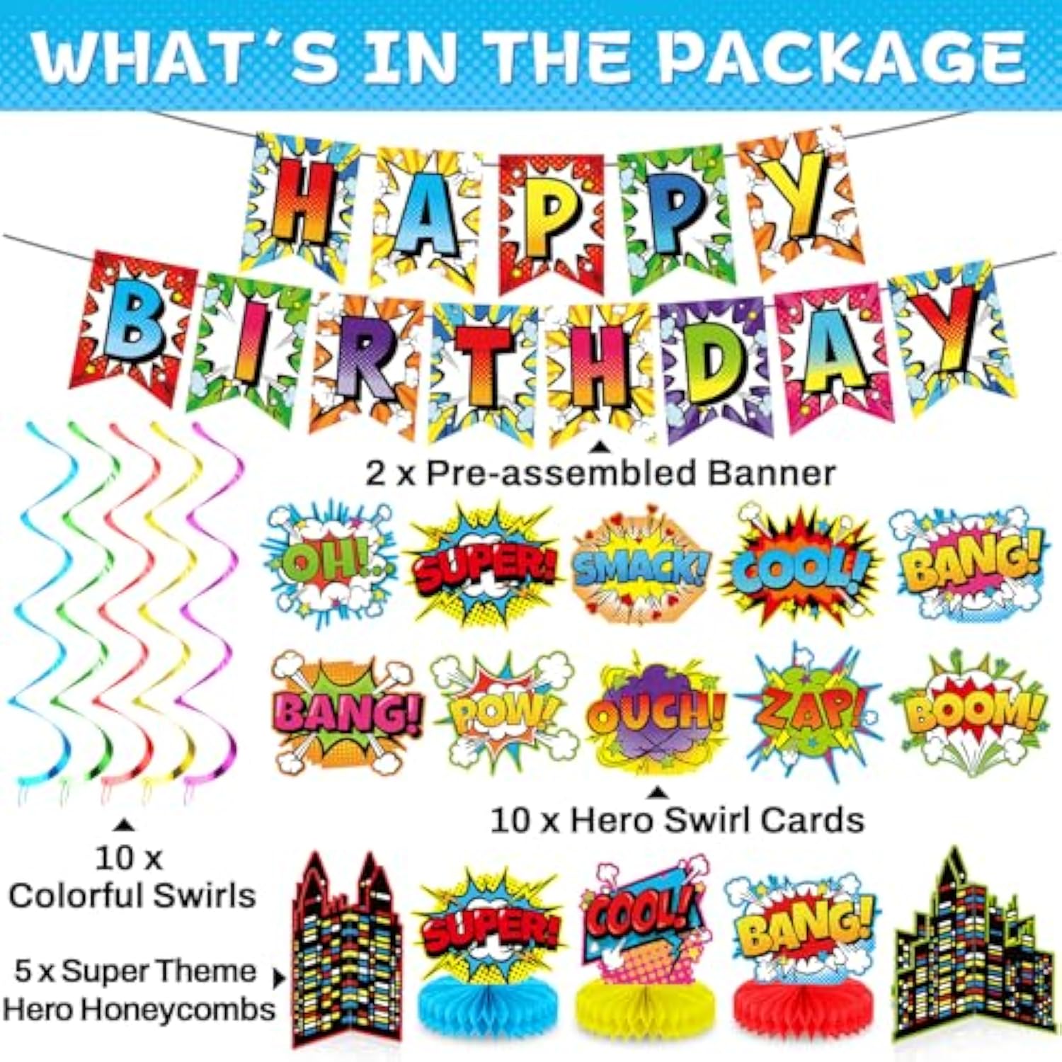 27Pcs Super Theme Party Decorations Set Hero Birthday Banner Hanging Swirls And Honeycomb Centerpieces Fun Hero Theme Party Decor For Boys Girls Kids Baby Shower Party Supplies Favor