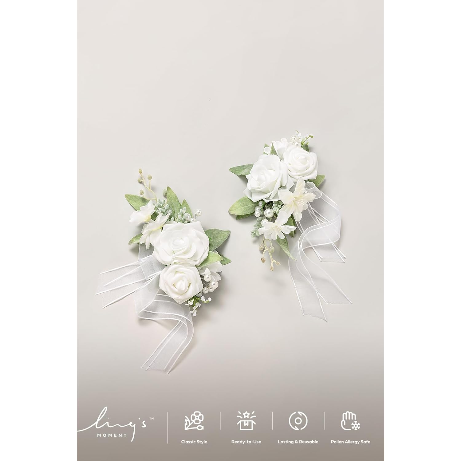 2Pcs Wedding Shoulder Corsage Artificial Flowers, Girl/Mother Homecoming/Prom Corsages Wristlet Décor, Etc. White Pearl