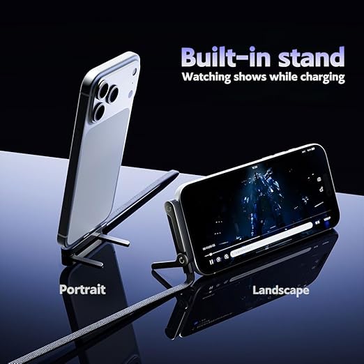 240W 5FT USB C to USB C Fast Charging Cable with Invisible Foldable Phone Stand Black