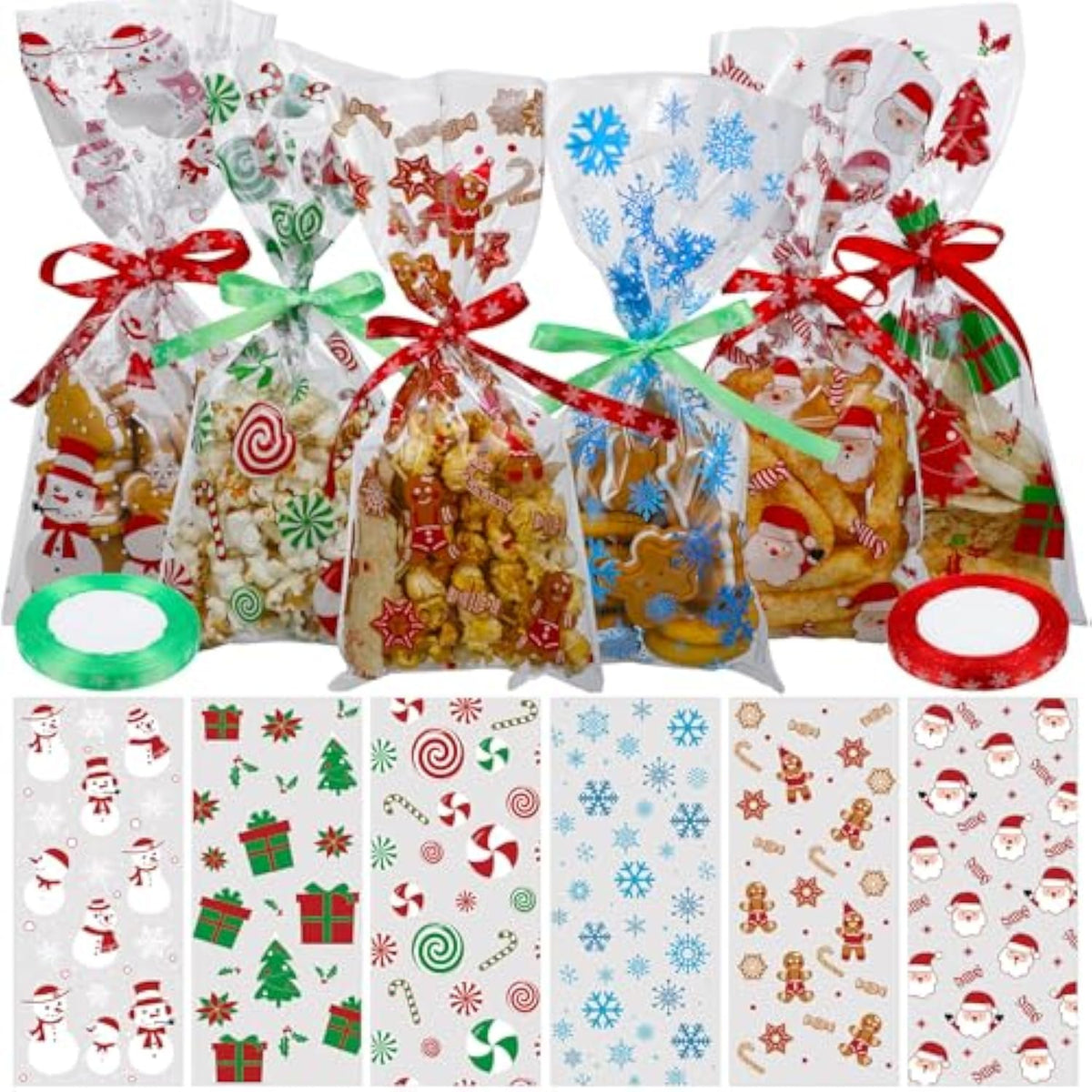600 Pcs Christmas Cookie Bags Christmas Snack Bag With 50 Yd Ribbon Cellophane Gift Bags For Xmas Goodie Arts Crafts Flower Wrapping Party Favor Supplies