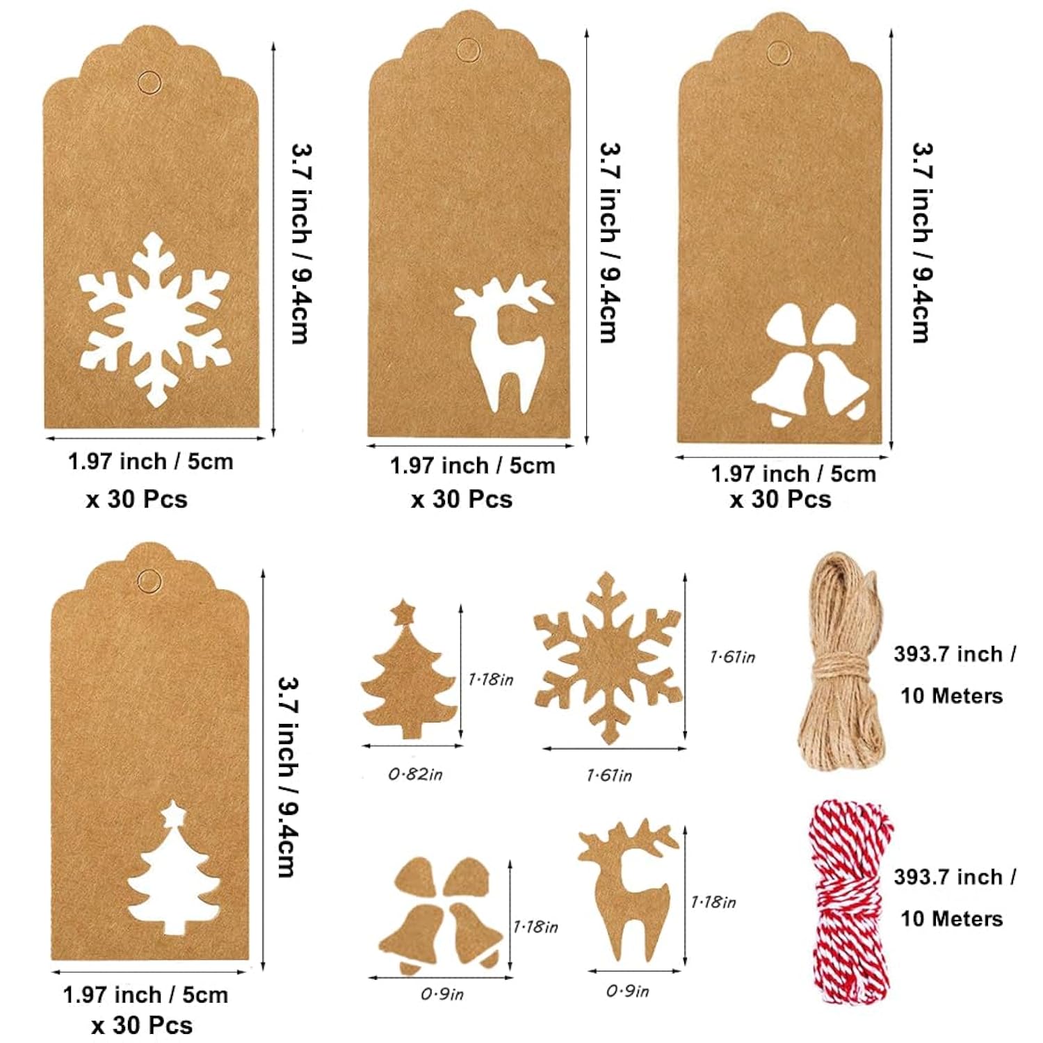 120Pcs Christmas Gift Tags Brown Kraft Paper Gift Tags Snowflake Reindeer Xmas Hanging Labels Tags With 32.8 Feet Jute Twine String For Christmas Holiday Present Wrap