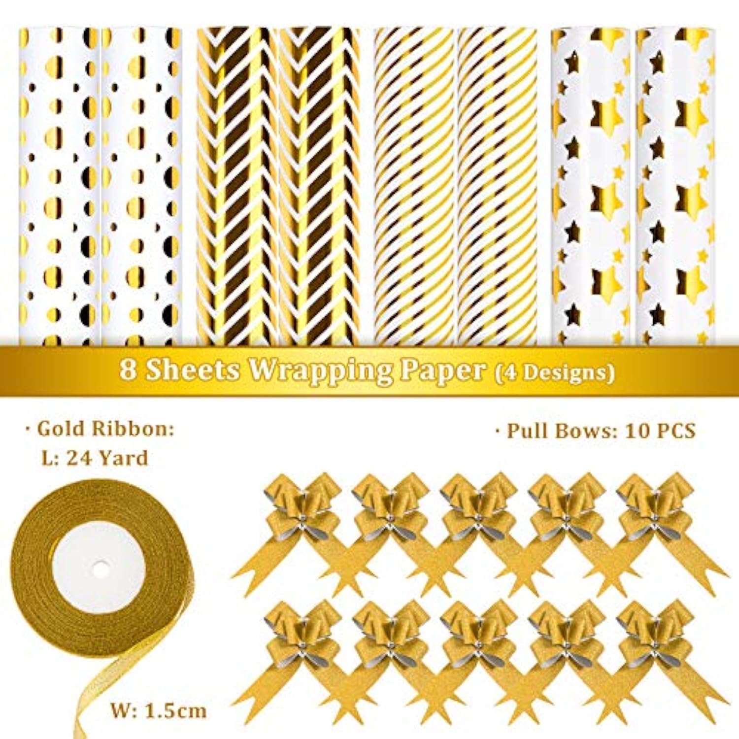 Gold Star Stripe Wrapping Paper, 8 Sheet Gold White Gift Wrapping Paper With 10 Pull Bows & 24 Yard Glitter Ribbon Xmas Assorted Gold Foil Decorative Art Paper For Birthday Holiday Party