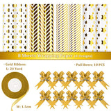 Gold Star Stripe Wrapping Paper, 8 Sheet Gold White Gift Wrapping Paper With 10 Pull Bows & 24 Yard Glitter Ribbon Xmas Assorted Gold Foil Decorative Art Paper For Birthday Holiday Party