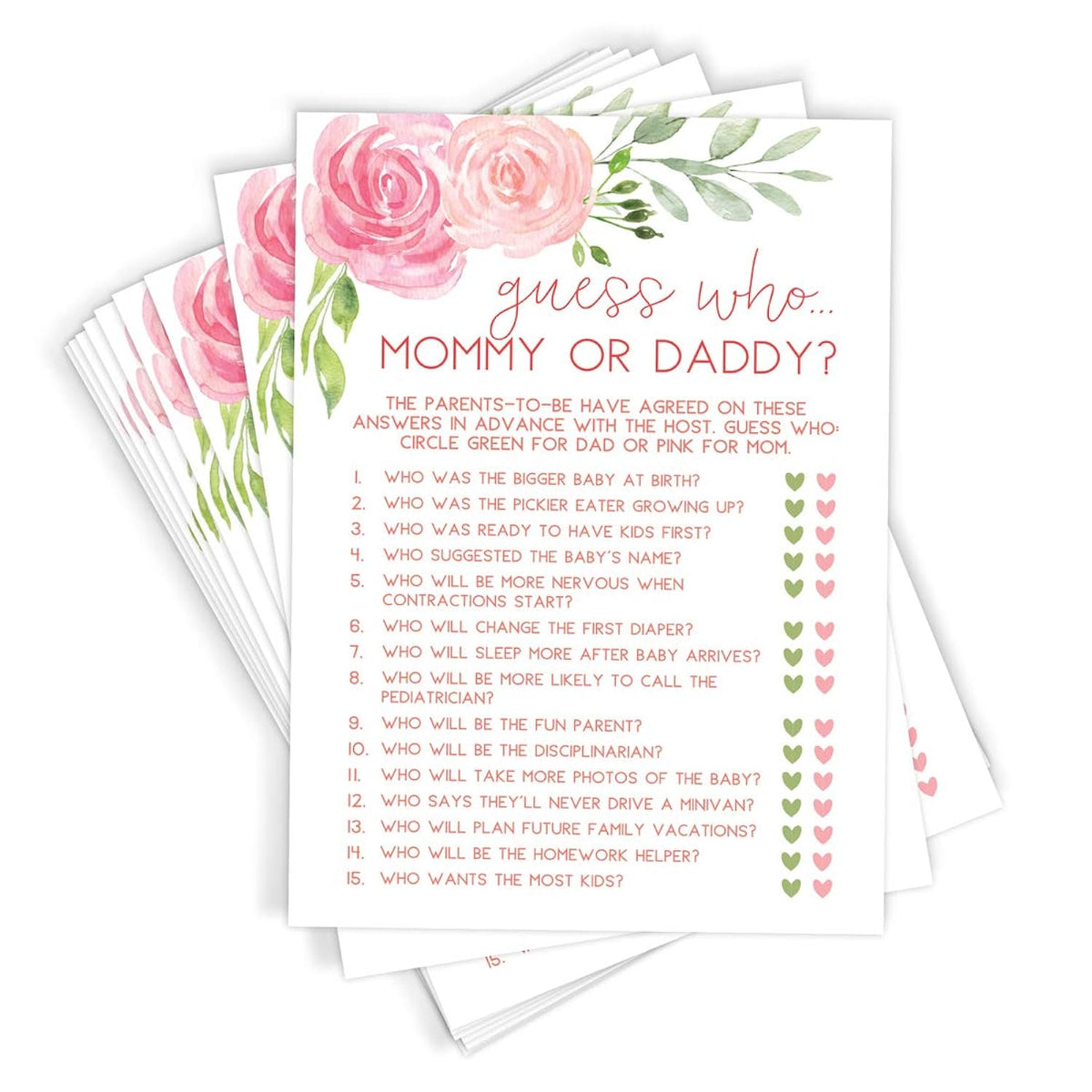 Baby Shower Game, Guess Who Mommy Or Daddy, Floral, 50 Cards