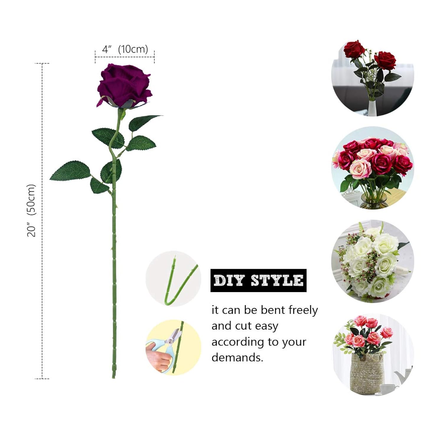Purple Artificial Rose Flower Bouquet, Fake Silk Roses, Wedding Party Home Office Decoration,10Pcs
