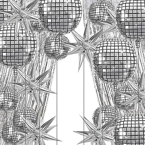24 Disco Ball Balloons With 3 foil fringe curtains, Huge Silver Explosion Star Aluminum Foil Balloons for Birthday Silver Party 70s 80s 90s Theme Disco Party Decorations Supplies