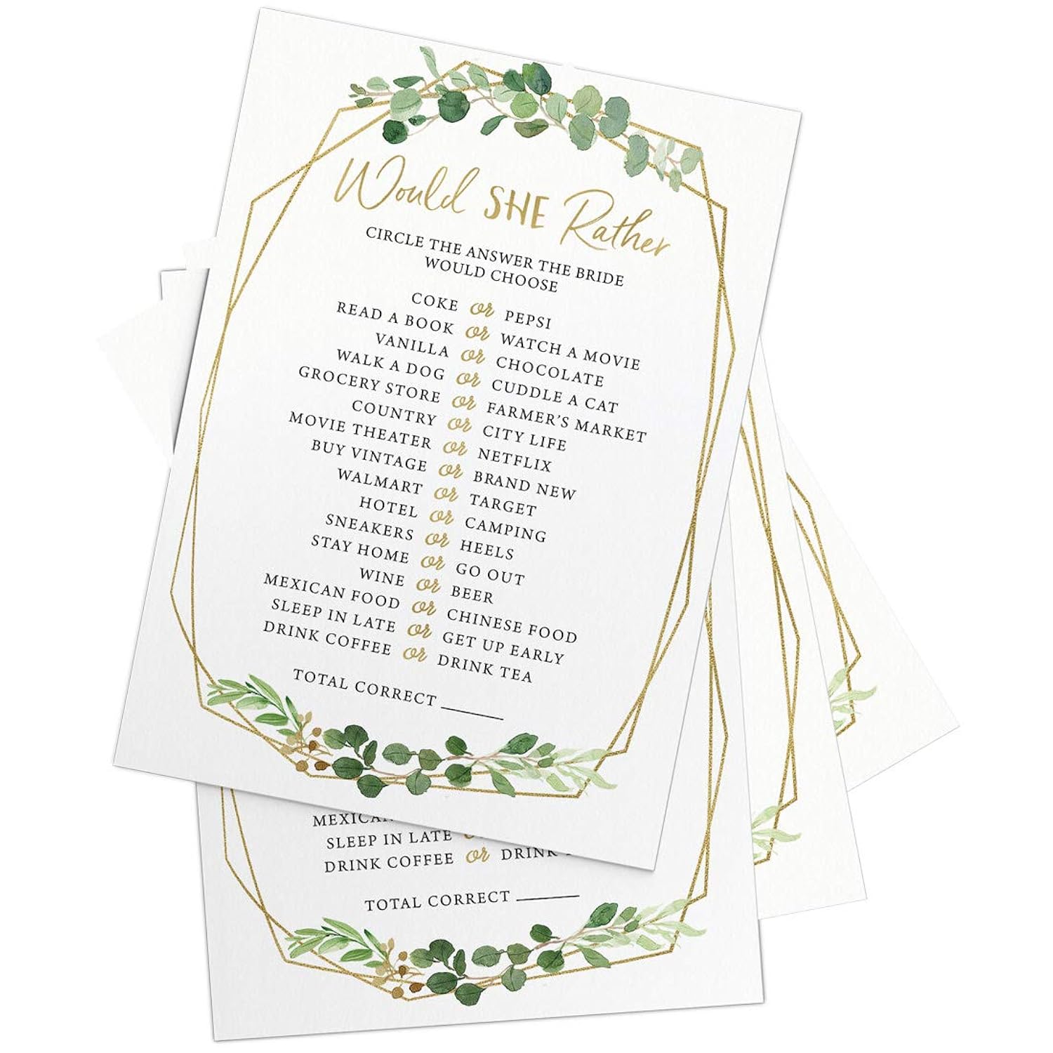 Bridal Shower Games – Would She Rather Game With Fun Bride-To-Be Trivia, Wedding Shower Activity, Botanical Greenery Theme, 50 Guests
