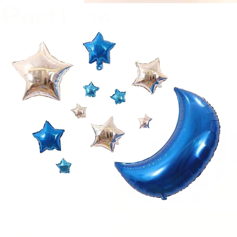 11 Pcs Star Mylar Balloons, 30Inch Big Blue Moon Balloons And Silver S