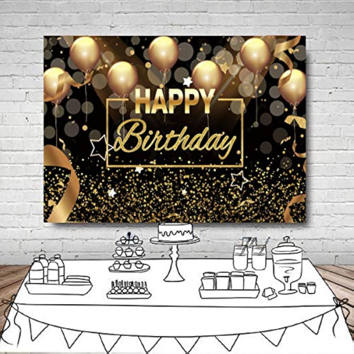 Happy Birthday Party Backdrop Banner Black Gold Balloons Glitter Bokeh Spots Men Women Bday Photography Background For Adult Birthday Cake Table Decoration Supplies Photo Booth Backdrops 8X6Ft