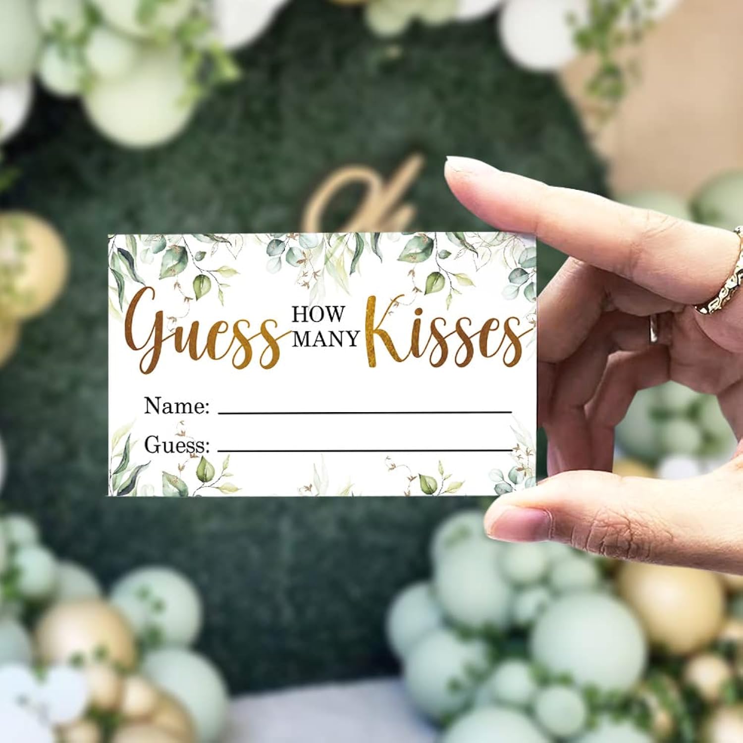 How Many Kisses In The Jar Bridal Shower Game, Wedding Shower Games, Bachelorette Party Night, Eucalyptus Leaf Neutral Party Game Cards, Bridal Party Decorations - 1 Standing Sign And 50 Pcs Cards